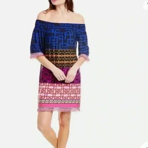 $288 Trina Turk Women's Blue Geo-Printed Off-The-Shoulder Shift small